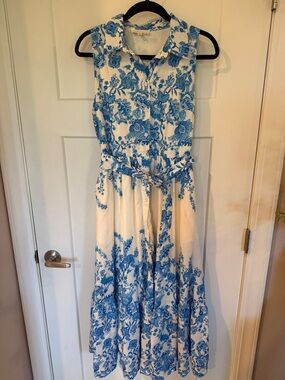 Flying Tomato Blue & White Toile Print Midi Dress | Sleeveless Shirt Dress